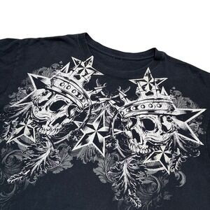 Y2K Crowned‎ skulls nautical stars Mens Black Graphic T-Shirt gothic